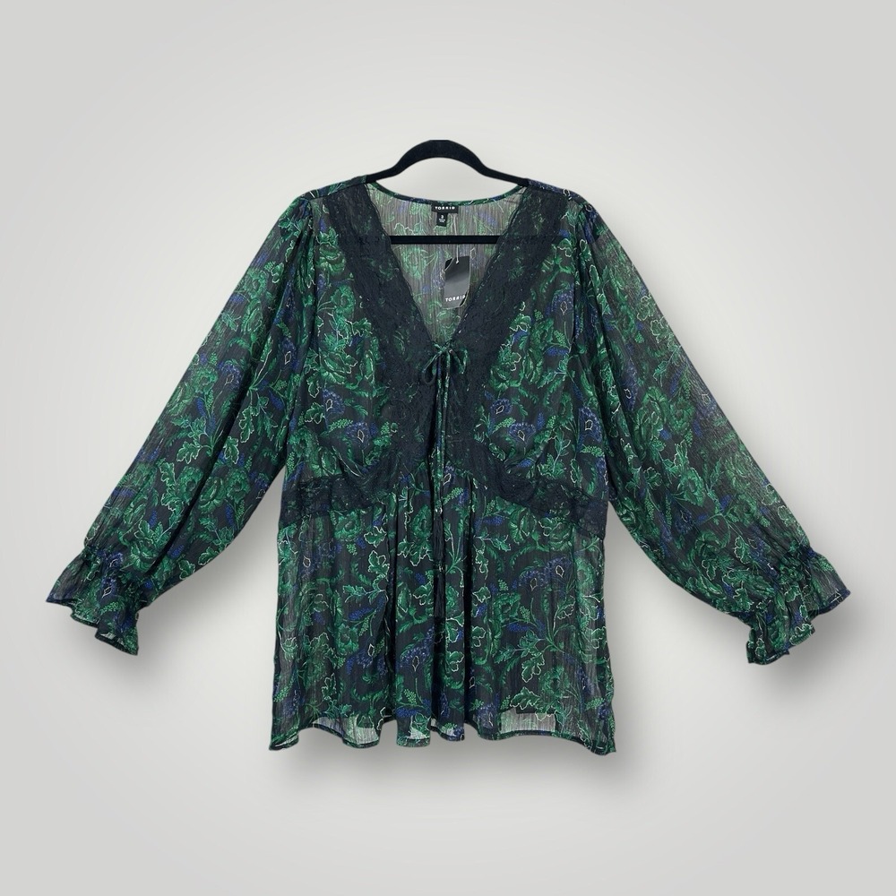 NEW Torrid Babydoll Gauze Top 3 3XL Semi-Sheer Black Lace-Up Floral Tunic NWT